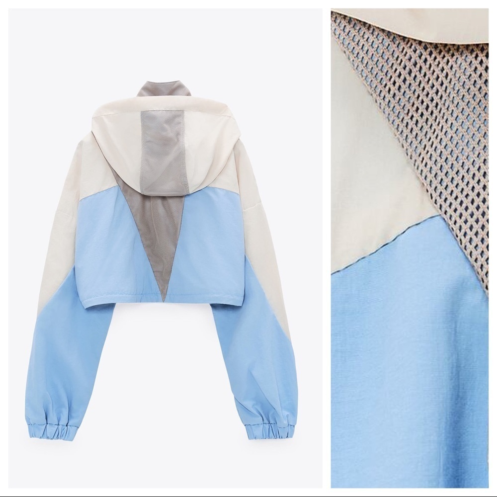 NWT. Zara Blue/Cream Combination Cropped Raincoat/Windbreaker Jacket. Size M. - Picture 5 of 8